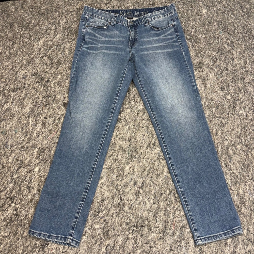 Calvin Klein Jeans Womens Straight Leg Blue Denim Medium Wash Whiskered Jeans